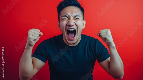 Portrait of excited asian man screaming with raised fists. 