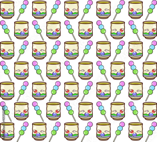 Design illustration of dango food pattern and tea drink