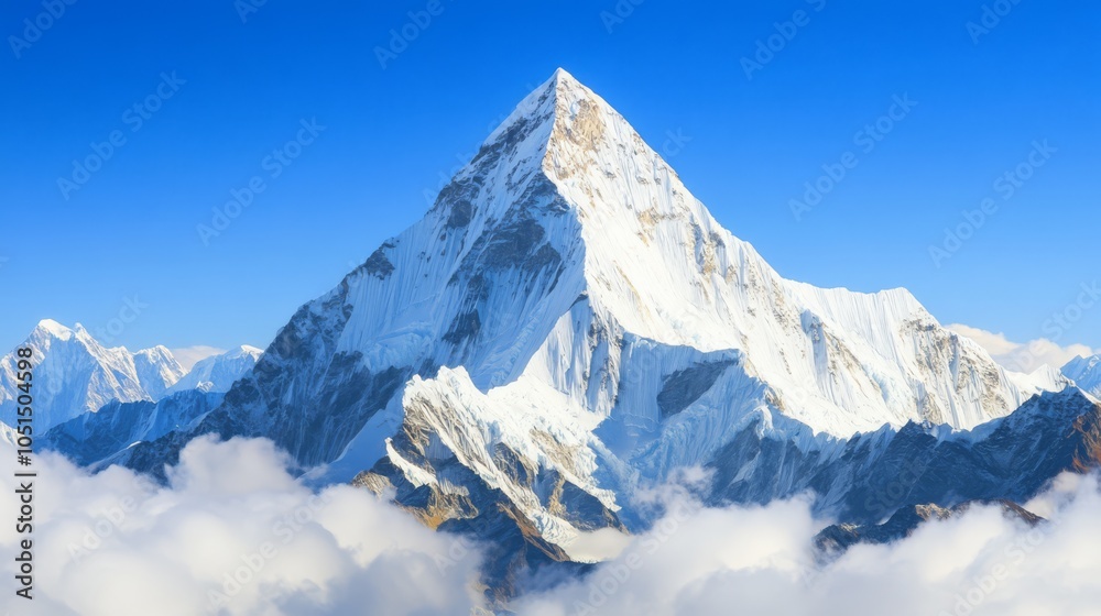 Obraz premium A breathtaking aerial view of a snow-capped Himalayan mountain, its summit piercing the azure sky, surrounded by a sea of clouds. The image evokes a sense of awe and wonder.