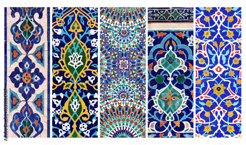 Set of vertical or horizontal banners with detail of ancient mosaic walls with floral and geometric ornaments. Collection of backgrounds with traditional iranian tile decorations