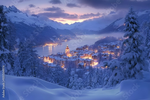 A snowy mountain town at night with houses lit up. AI generative. photo