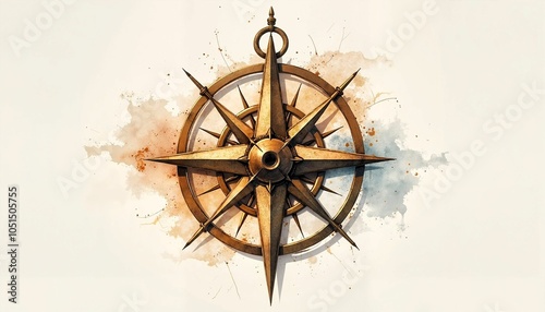 Antique compass rose in watercolor style with sepia tones and artistic splashes