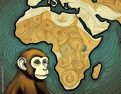 A thoughtful monkey symbolizes the ongoing impact of the Monkeypox virus across the African continent. The swirled map background highlights regional complexities. photo