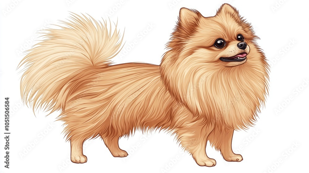 Obraz premium Cute fluffy Pomeranian dog with a friendly expression, standing on white background.