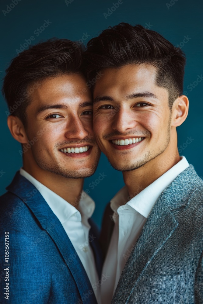 Beautiful gay couple being romantic in a studio, Generative AI Beautiful gay couple being romantic in a studio, Generative AI