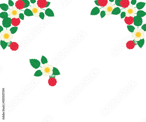 Raspberry border.Red raspberry, raspberry branch, green raspberry leaves. Vector illustration of a frame with berries. Greeting cards, invitations, summer banners.