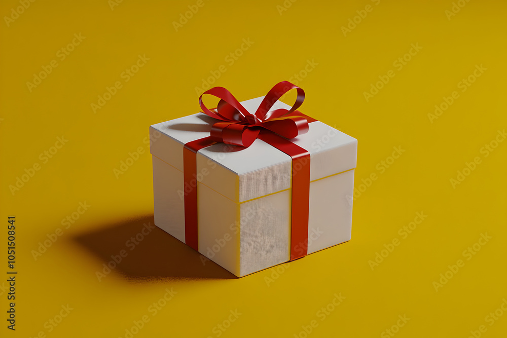 Obraz premium White gift box tied with red ribbon, yellow background, ready to give to someone special on an important day.