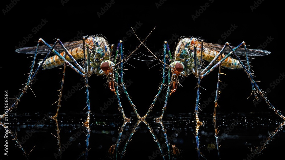 Two mosquitoes with iridescent bodies facing each other in a mirrored image with black background. Two mosquitoes with iridescent bodies facing each other in a mirrored image with black background.
