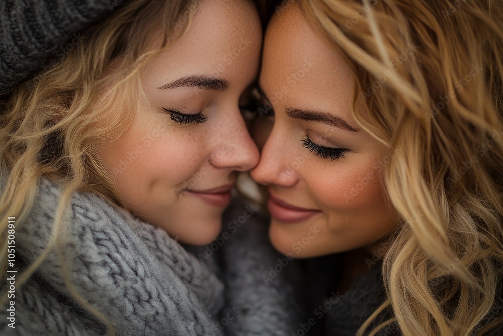 Obraz premium Flirty lesbian couple touching their noses, Generative AI