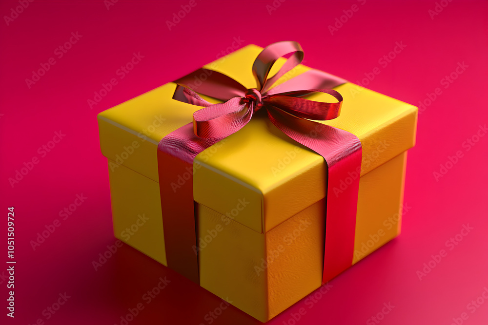 Yellow gift box tied with red ribbon, pink background, ready to give to someone special on an important day. Yellow gift box tied with red ribbon, pink background, ready to give to someone special on an important day.