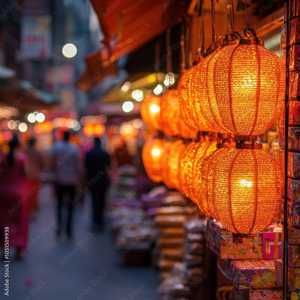 Fototapeta premium A vibrant street scene featuring glowing lanterns illuminating a bustling market, creating a warm, inviting atmosphere at twilight.