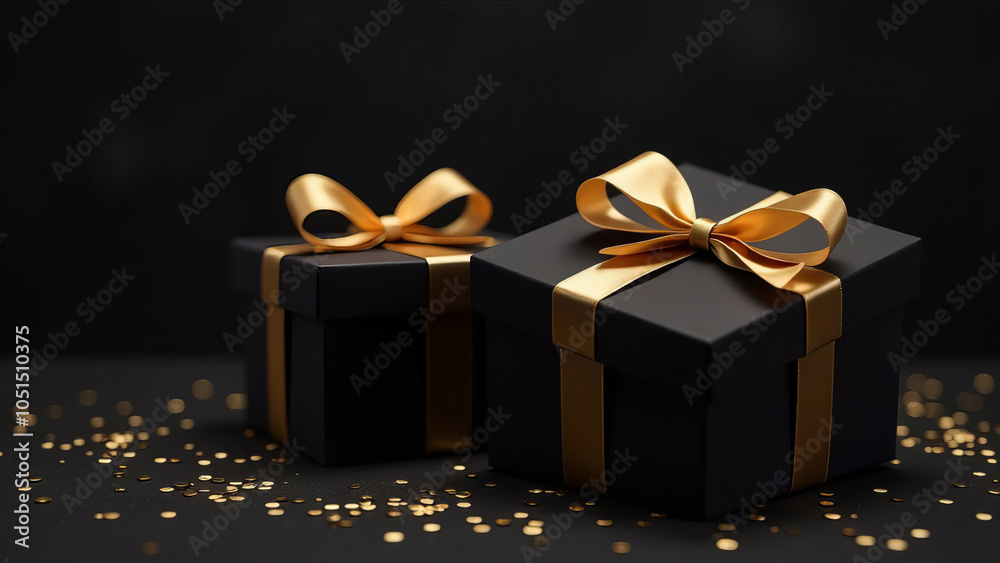 Black gift boxes with ribbon, festive present package with big bow. Black Friday or luxury sale promotions. Place for text. Black gift boxes with ribbon, festive present package with big bow. Black Friday or luxury sale promotions. Place for text.