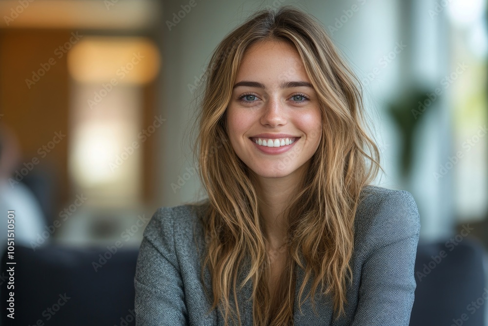 Fototapeta premium Cheerful young businesswoman smiling at the camera while sitting in an office lobby, Generative AI