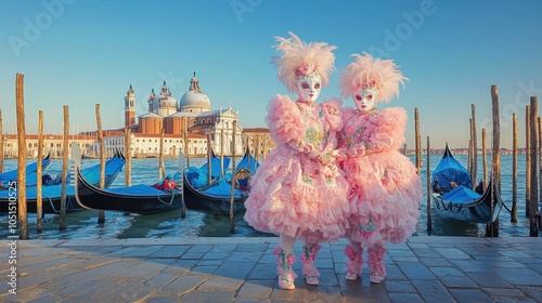 Venice carnival. Two individuals dressed in traditional carnival pink costumes and white masks, standing on stone walkway by Grand Canal in Venice. photo