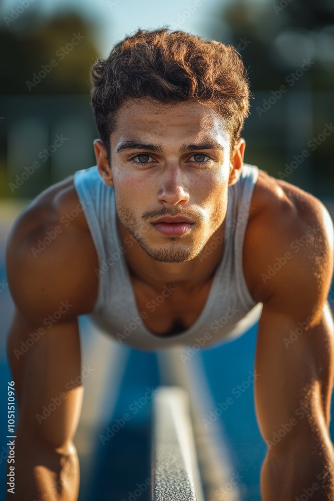 Male athlete in starting blocks, Generative AI Male athlete in starting blocks, Generative AI