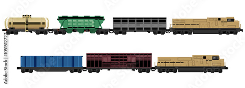 Industrial railway trains depicted in colorful varieties isolated on a white background for educational and design purposes