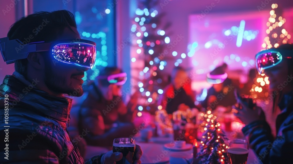 Obraz premium Party with VR headsets and festive decorations, glowing