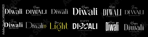 A collection of elegant Happy Diwali typography designs with various greetings on a black background