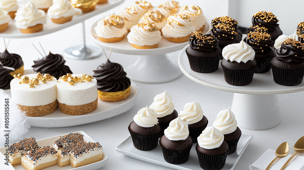 beautifully arranged dessert table filled with assortment of cupcakes, cakes, and treats, showcasing elegant designs and rich colors that evoke sense of celebration and joy
