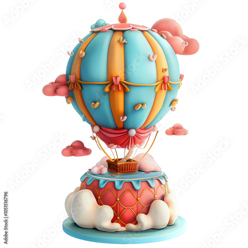 whimsical cartoon hot air balloon design featuring vibrant colors and playful clouds. This charming illustration captures sense of adventure and joy, perfect for childrens themes