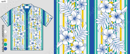 Seamless Tropical Hibiscus Pattern on Hawaiian Shirt Mockup, Elegant Aloha Summer Fashion Design, Beachwear Inspiration in Soft White Tone, Vector Illustration Not AI-Generated.