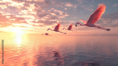 Flamingos in Flight at Sunset