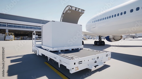 A cargo truck unloading a large container near an airplane at an airport. photo