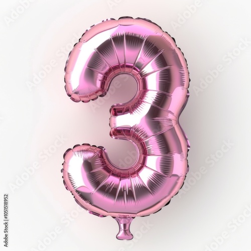 3D render pink inflatable foil balloon. Bright figures for party decoration. Glossy pink color numbers isolated on white background. Digit 3