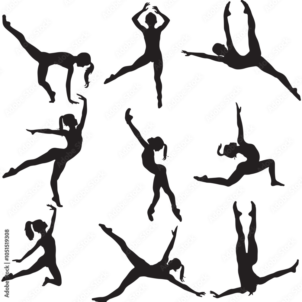 Child Gymnastics Poses Silhouette, Set of Flexible Gymnast Exercise, isolated in White backgroun Child Gymnastics Poses Silhouette, Set of Flexible Gymnast Exercise, isolated in White backgroun