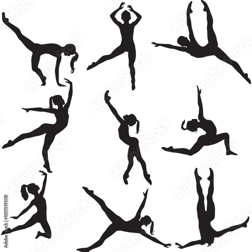 Child Gymnastics Poses Silhouette, Set of Flexible Gymnast Exercise, isolated in White backgroun 