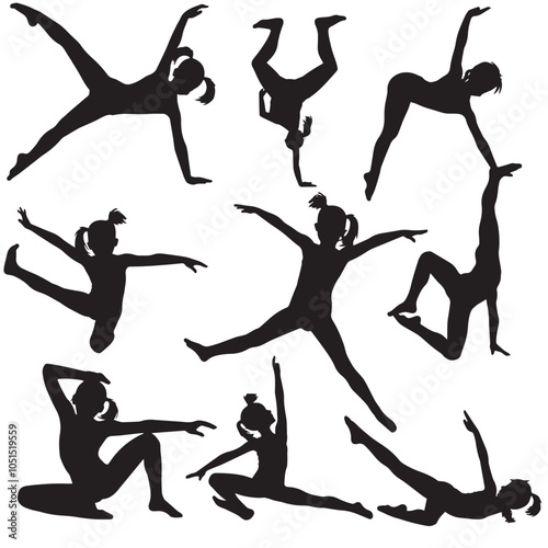 Child Gymnastics Poses Silhouette, Set of Flexible Gymnast Exercise, isolated in White backgroun 