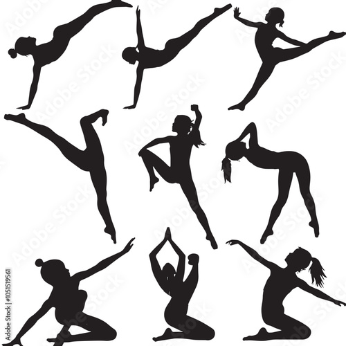 Child Gymnastics Poses Silhouette, Set of Flexible Gymnast Exercise, isolated in White backgroun 