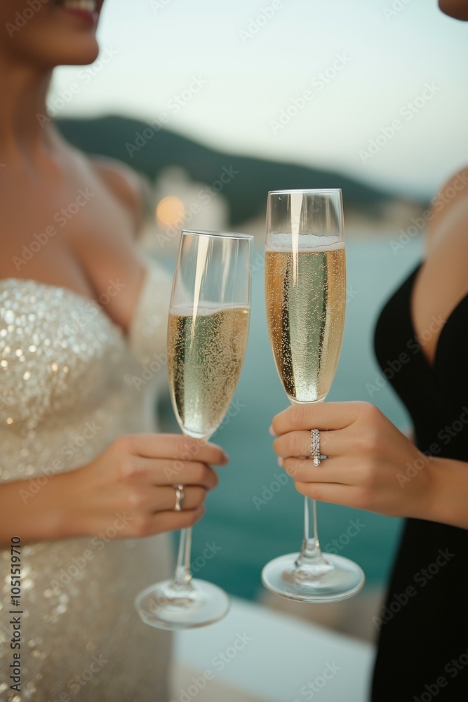 Women enjoying wine on a terrace by the water under the night sky, celebrating with toasts and laughter Women enjoying wine on a terrace by the water under the night sky, celebrating with toasts and laughter