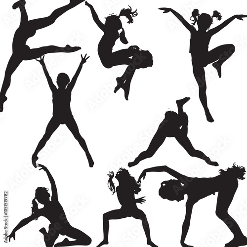 Child Gymnastics Poses Silhouette, Set of Flexible Gymnast Exercise, isolated in White backgroun 