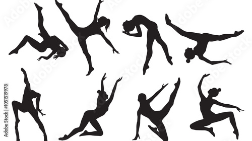 Child Gymnastics Poses Silhouette, Set of Flexible Gymnast Exercise, isolated in White backgroun 