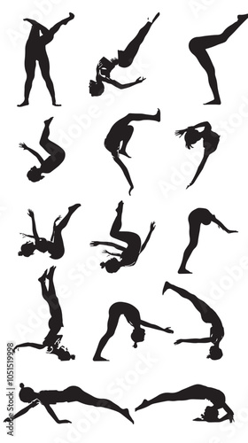 Child Gymnastics Poses Silhouette, Set of Flexible Gymnast Exercise, isolated in White backgroun 