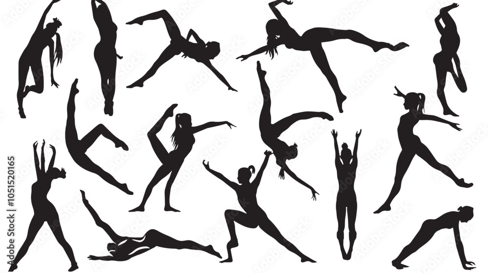 Child Gymnastics Poses Silhouette, Set of Flexible Gymnast Exercise, isolated in White backgroun Child Gymnastics Poses Silhouette, Set of Flexible Gymnast Exercise, isolated in White backgroun