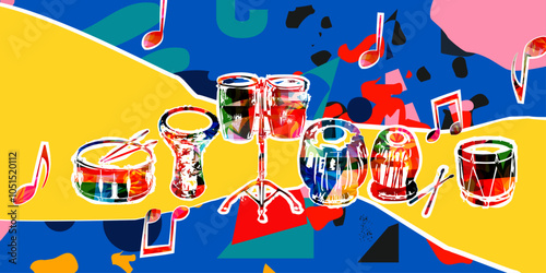 Music instruments background. Colorful drum, darbuka, bongo drums, indian tabla and traditional Turkish drum