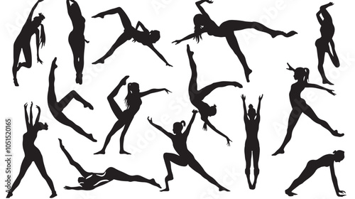 Child Gymnastics Poses Silhouette, Set of Flexible Gymnast Exercise, isolated in White backgroun 