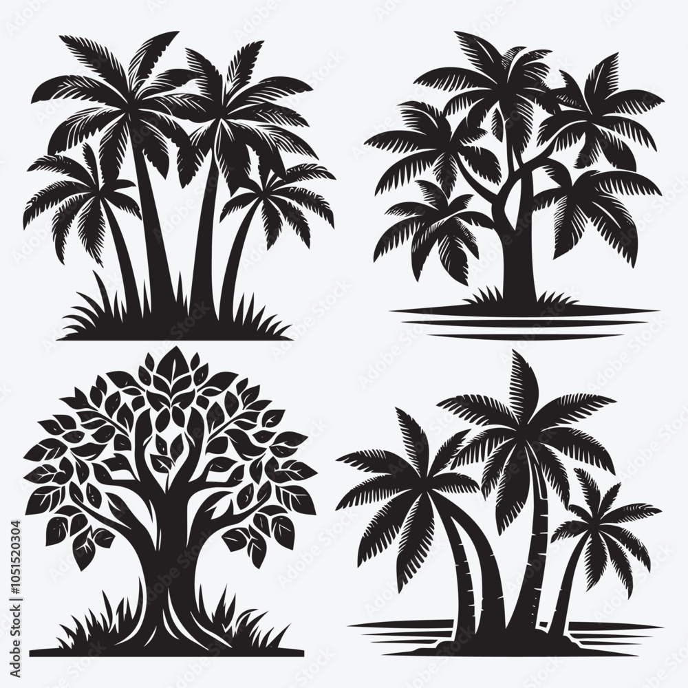 Fototapeta premium Tropical tree silhouette set vector illustration isolated on white background