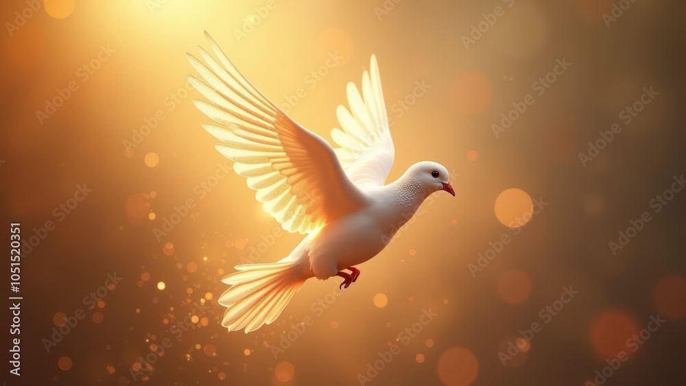 Fototapeta premium A white dove with its wings spread wide, flying against a sunburst background.