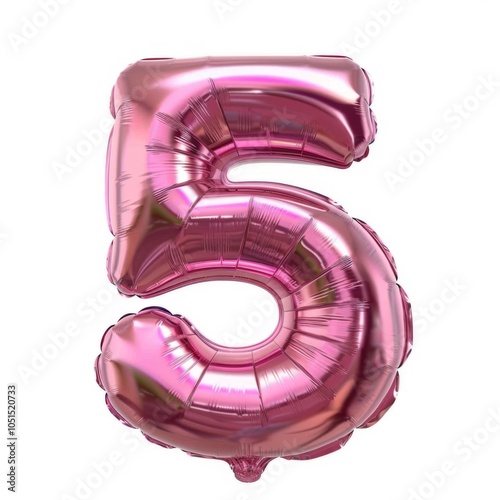 3D render pink inflatable foil balloon. Bright figures for party decoration. Glossy pink color numbers isolated on white background. Digit 5