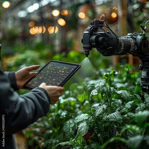 A person is using a tablet, likely controlling a robot spraying plants in a greenhouse.

