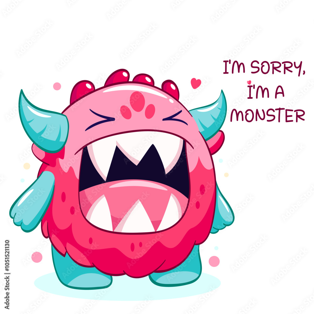 Obraz premium Apologize card with sad cute tiny monster. Inscription I'm sorry, I'm a monster. Cute baby monster apologize. Vector illustration EPS8