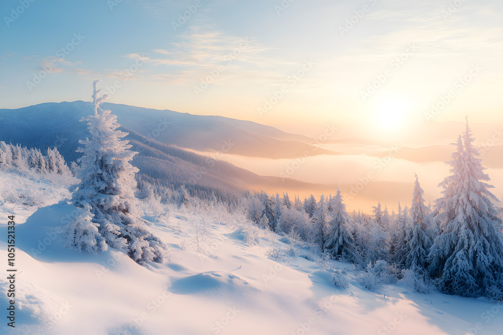 winter coniferous forest covered with snow in evening. AI generative. winter coniferous forest covered with snow in evening. AI generative.