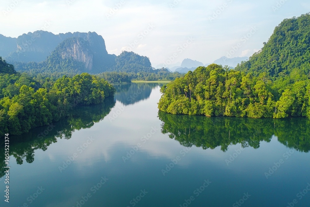Lake with mountain and reflection with an island filled with green trees. Lake with mountain and reflection with an island filled with green trees.