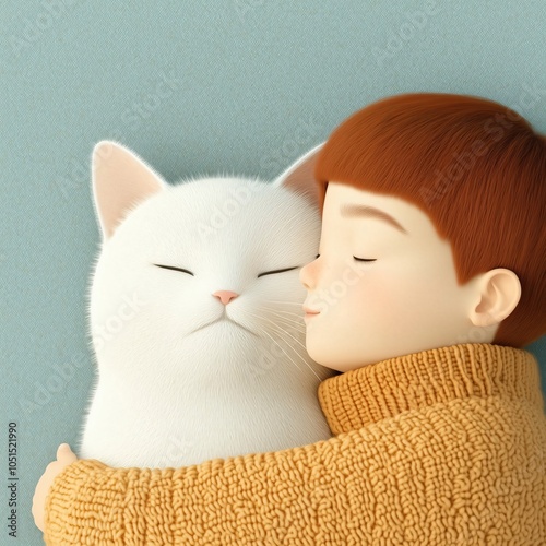 Cute redhead boy wearing an orange sweater sleeping and hugging an adorable big white cat with closed eyes on a light blue background, 3d render; domestic animals and lovely pet concept