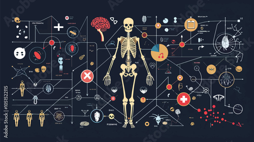 Concept with connected icons related to skeletal and bone anatomy vector illustration, flat lay illustration, injury recovery, recovery 