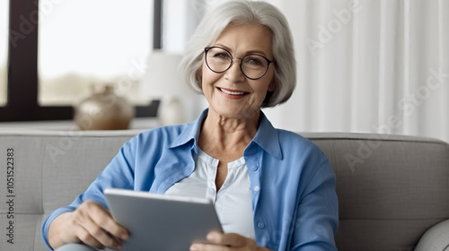 Elderly woman smiling while sitting on a couch with an iPad in her hand.