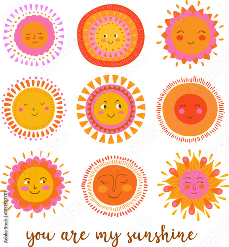 you are my sunshine text poster , nursery wall art for kids with cute kind radiating positivity sun faces in warm pink yellow orange